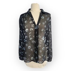 Adriana Papell Sheer V-Neck Collared LS Blouse Dark Blue Floral Sz M